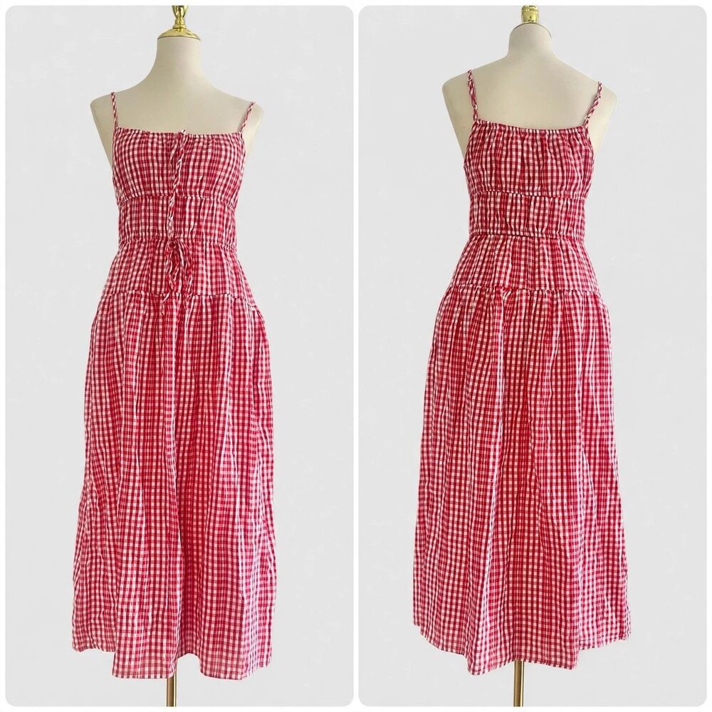 Sim & Sam Red White Gingham Tie-Waist Cottagecore Midi Dress Womens sz S Cotton